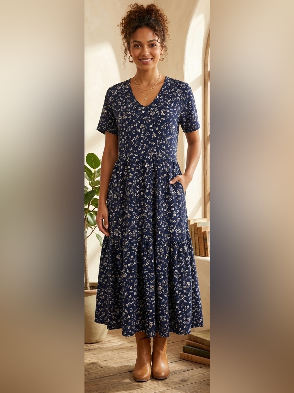 J. Crew Factory Navy and Tan Floral Preppy Cotton Tiered Midi Dress